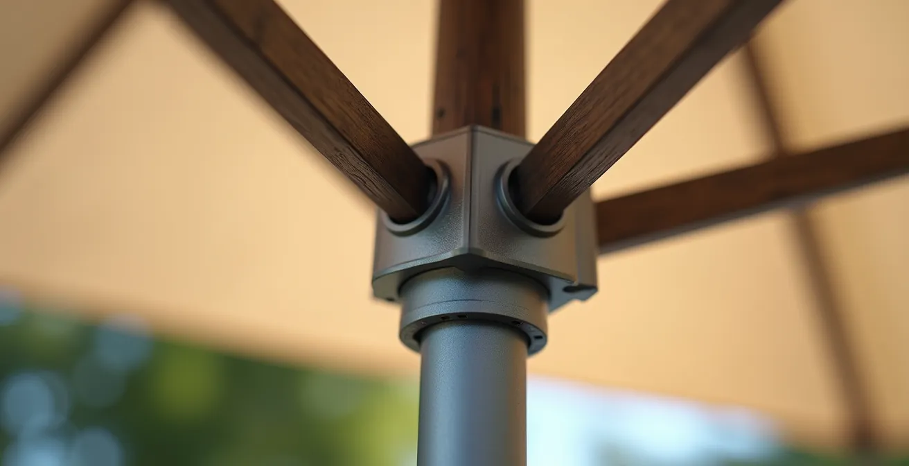 Gros plan sur les éléments structurels d'un parasol professionnel montrant la qualité des matériaux
