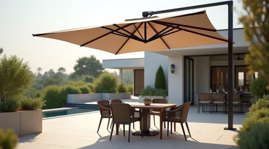 Vue large d'une terrasse aménagée avec un grand parasol de qualité professionnelle protégeant un espace repas élégant