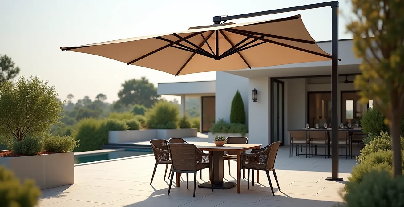 Vue large d'une terrasse aménagée avec un grand parasol de qualité professionnelle protégeant un espace repas élégant