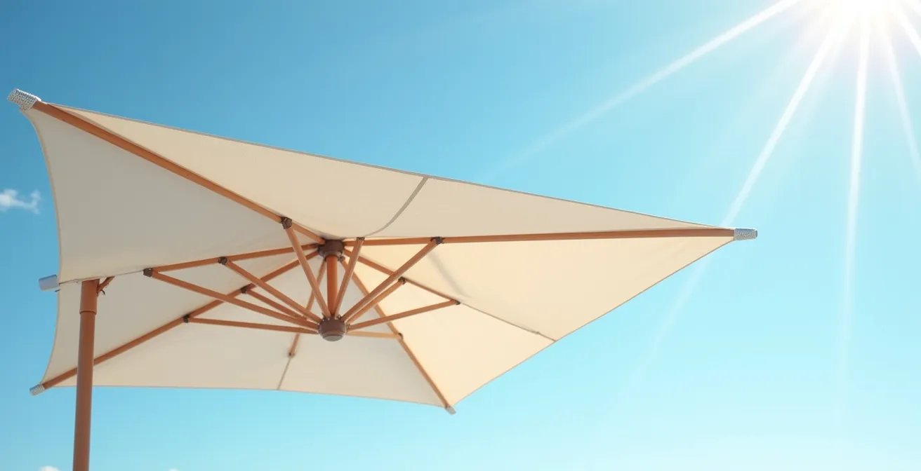 Vue atmosphérique d'une toile de parasol de qualité sous un soleil éclatant illustrant la protection optimale