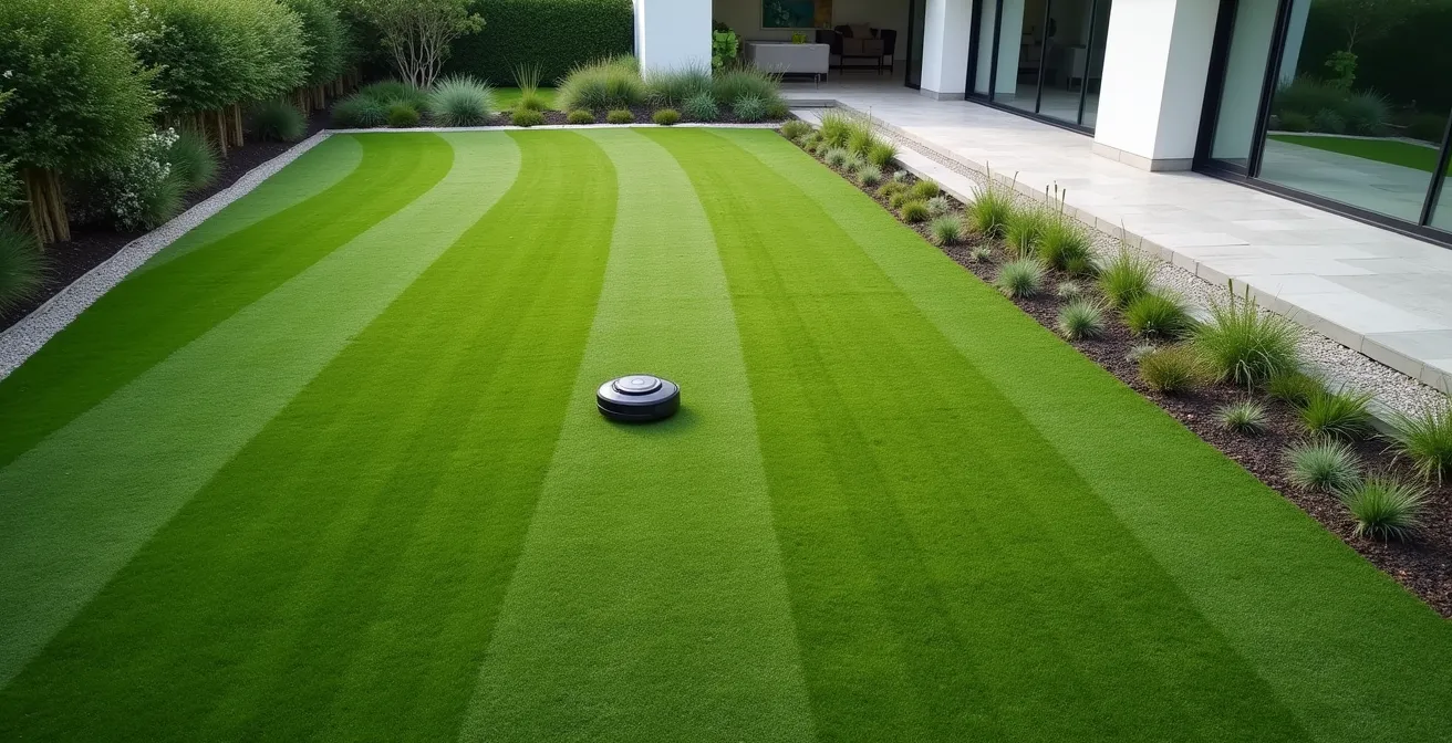 Jardin montrant l'évolution de la pelouse au fil des saisons avec robot tondeuse