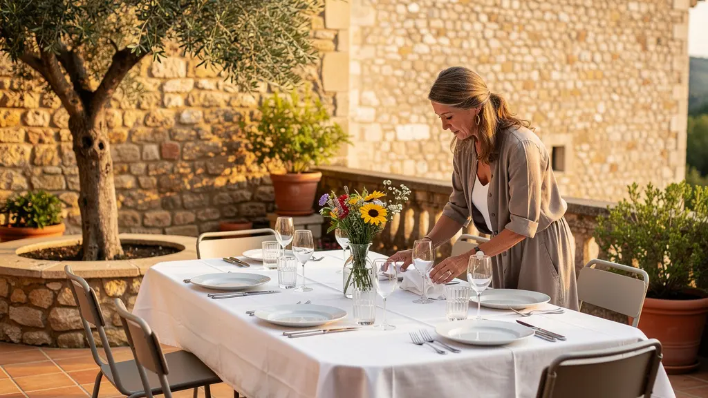Femme préparant table extensible pour 10 personnes sur terrasse provençale avec olivier
