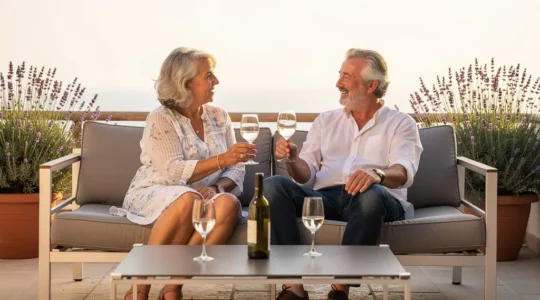 Couple installé sur salon de jardin aluminium, terrasse méditerranéenne avec lavandes