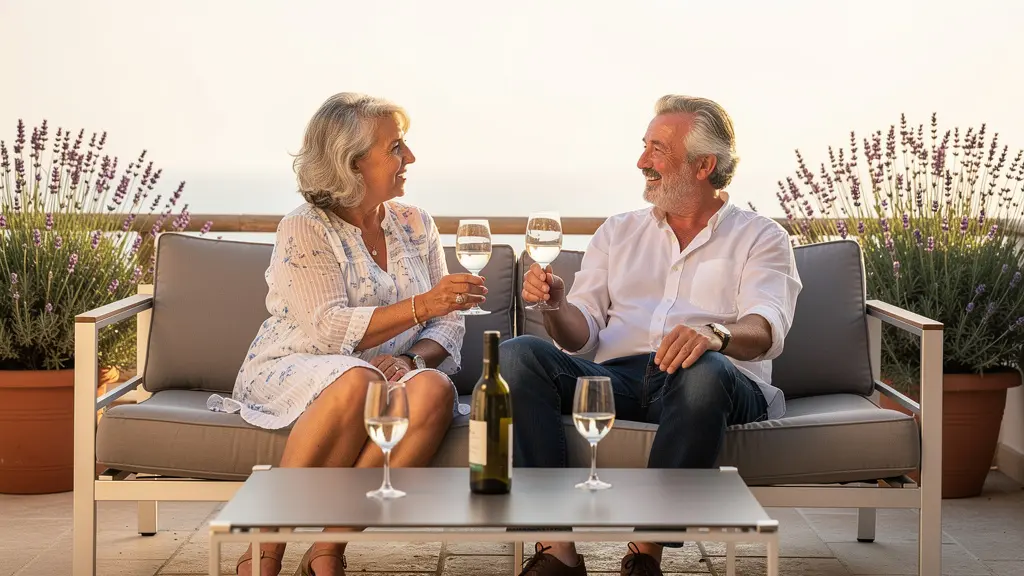 Couple installé sur salon de jardin aluminium, terrasse méditerranéenne avec lavandes