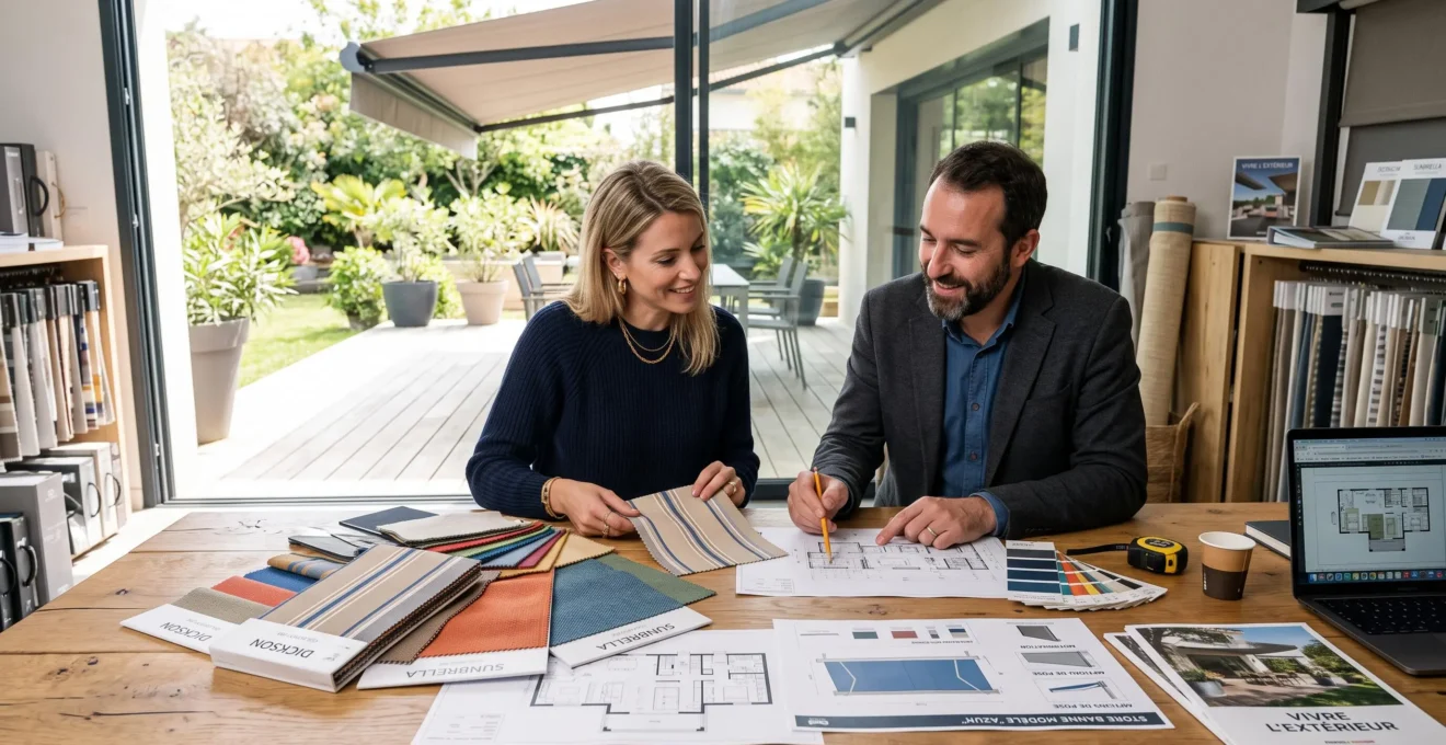 Client et conseiller examinant les échantillons pour choisir un store banne sur mesure.