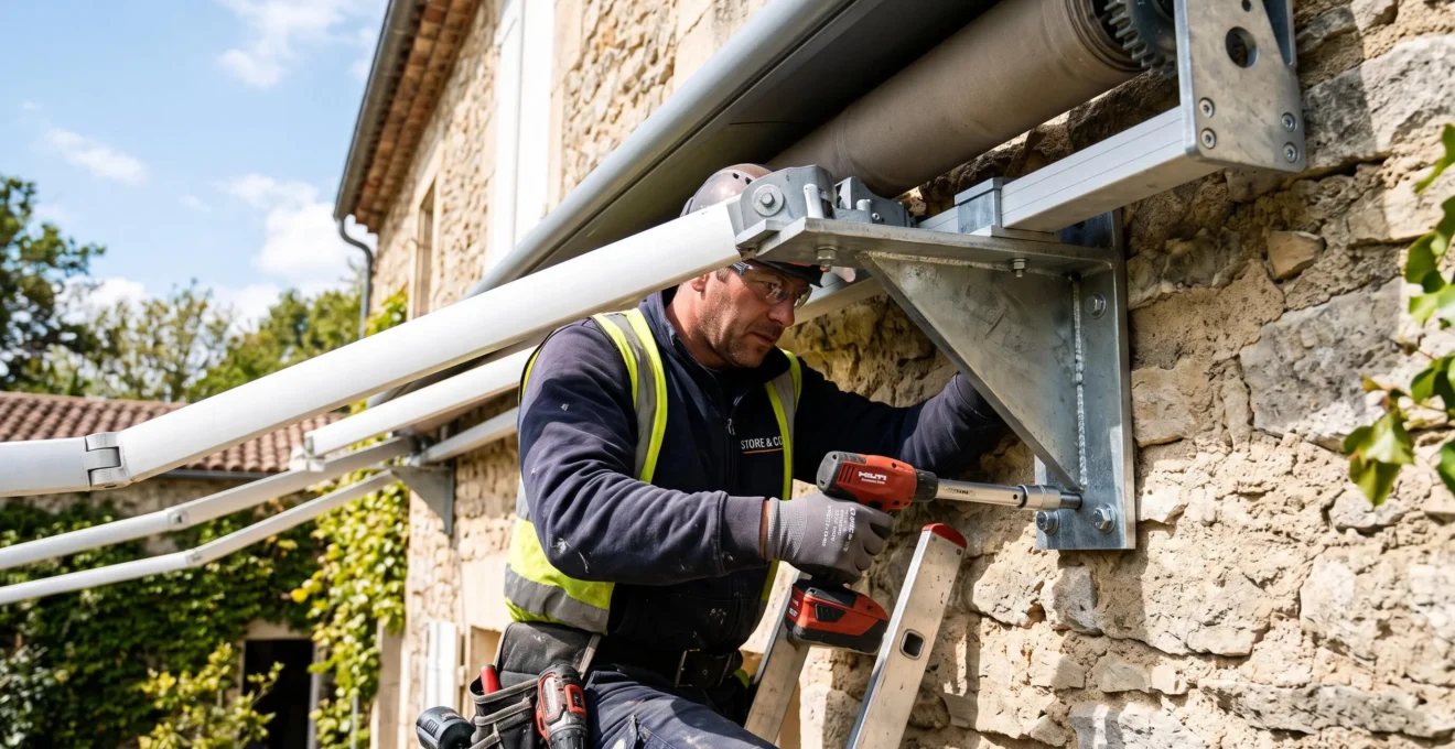 Installation professionnelle des supports d'un store banne sur la façade d'une maison.
