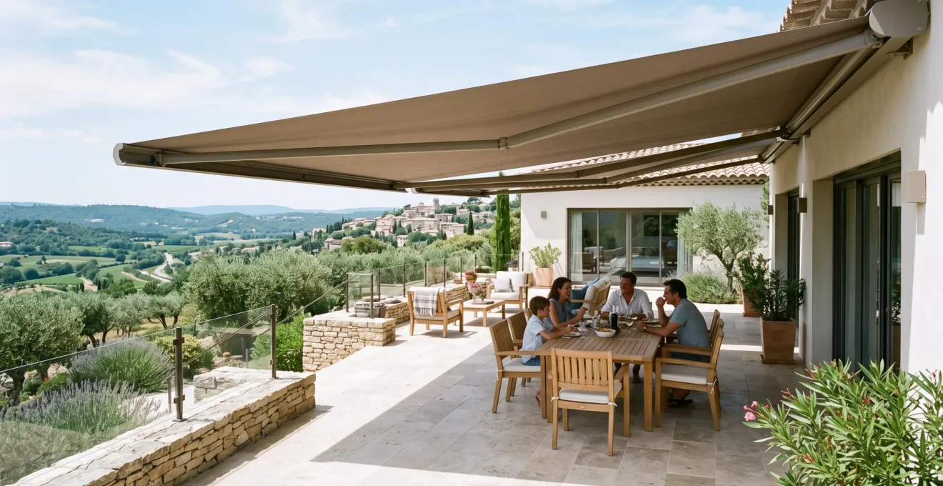 Store banne déployé couvrant une grande terrasse extérieure en pierre.